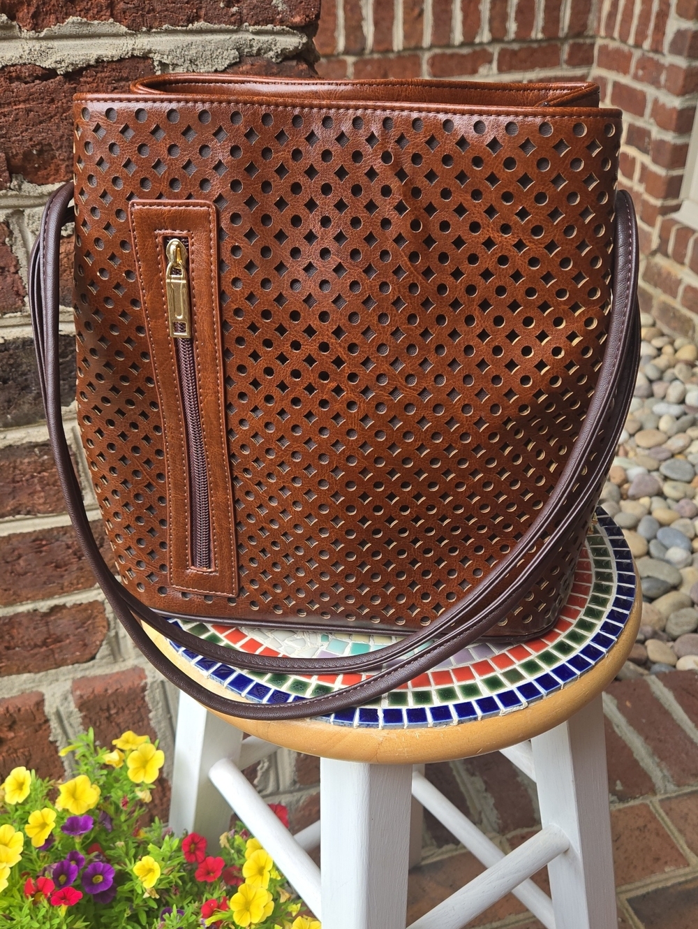 SAMOE Brown Perforated Leather Bucket Bag